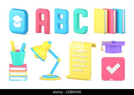 Lernpädagogik Buch Lesen abc Alphabet Buchstabe Graduierung Wissen Set 3D Symbol realistische Vektor Illustration. College School University St Stock Vektor
