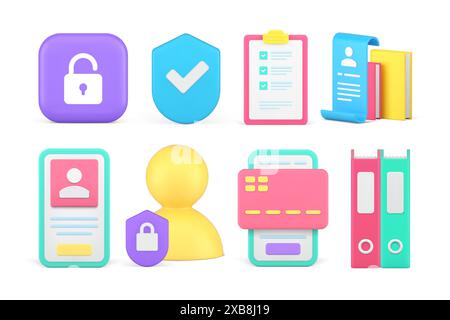 Informationsschutz Überprüfung Kennwortzugriff geheimes Archiv persönliche Daten Sicherheitsset 3D-Symbol realistische Vektorillustration. Accountdatenbank Stock Vektor