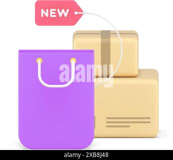 Einkaufstasche Merchandise neue Sammlung Geschäft Einzelhandel kommerzielles Angebot Marketing Promo 3D Symbol realistische Vektor-Illustration. Ladenwerbung Stock Vektor
