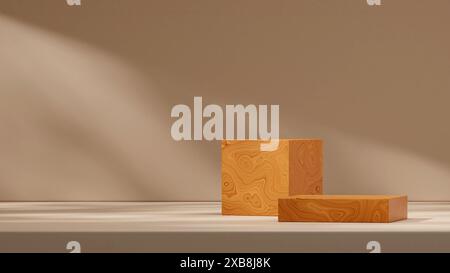 3D-Rendering-Vorlage Mockup-Szene Holzblock Textur Podium in Landschaft mit brauner Wand Stockfoto