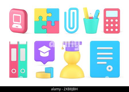 Ausbildung studieren Analysieren Brainstorming Bachelor Student Schreibwaren Set 3D Symbol realistische Vektor Illustration. Lernabschluß schnelle Tipps Calcu Stock Vektor