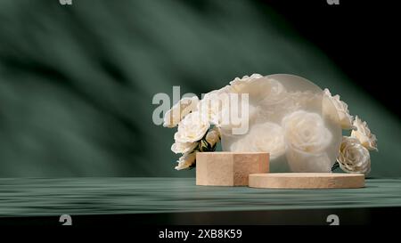 3D-Rendering-Mockup-Podium mit Terrazzo-Textur mit mattiertem Glas und weißem Rosenhintergrund in der Landschaft Stockfoto