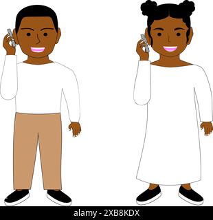 Schwarze Kinder, die auf dem Smartphone sprechen, weißer Hintergrund. Stock Vektor