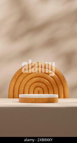 Holzbogen 3D-Rendering-Szene Mockup Terrazzo Textur Podium Vorlage im Querformat Stockfoto