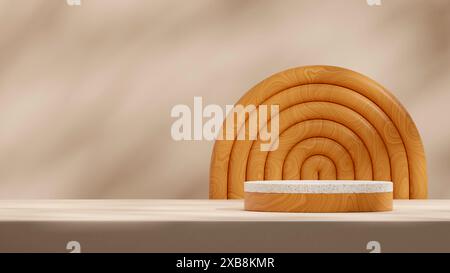 Holzbogen 3D-Rendering-Szene Mockup Terrazzo Textur Podium Vorlage im Hochformat Layout Stockfoto