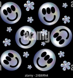 Nahtloses 3D-holografisches Retro-90-Muster. Chrome Smile und Gänseblümchen im Y2K-Stil auf schwarzem Hintergrund. Ästhetik der Zukunft, 3D-Chrom-Blasenkunst. Abstrakte Kunst aus Metall in Hochglanz. Stock Vektor