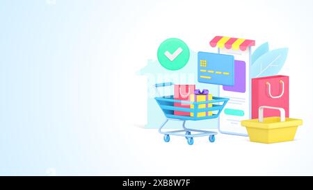 Online-Einkauf von Waren auf der Smartphone-App-Einzelhandelswebsite mit Einkaufstasche, Geschenkboxen und 3D-Icon-Vektor-Illustration des Trolley. Isometrische Temperatur Stock Vektor