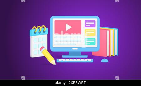 Digitale Fernunterricht Online-Videounterrichtungs-Website mit Aufgaben am Arbeitsplatz des Schülers 3D-Icon-Vektor-Illustration. Internet Distance e Learning Examen Stock Vektor