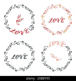 Set mit „Love“-Rahmen mit Blumenmuster. Handgezeichnete dekorative Doodle-Linie, Pinselstrichkollektion, Schriftzug, botanische Ornamente, Kreis Stock Vektor