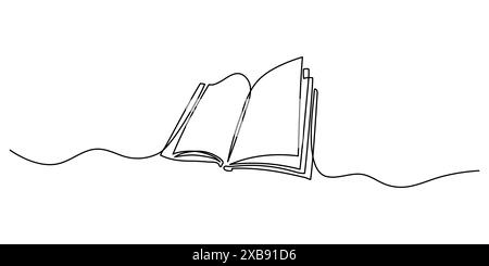 Durchgehende einzeilige Zeichnung eines offenen Buches mit fliegenden Seiten auf weißem Hintergrund. Vektor-Illustration von Schulmaterial. Das Konzept Stock Vektor