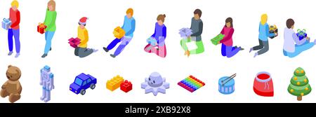 Symbole zum Öffnen von Geschenken für Kinder. Menschen packen Geschenkkartons aus oder halten sie in der Hand, Kinder spielen mit Spielzeug, weihnachtsfeiertage-Konzept, Isometrien-Set Stock Vektor
