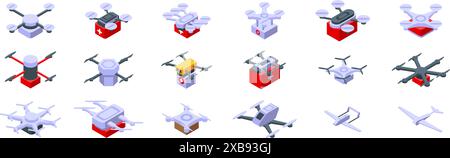 Medizinische Symbole für Drohnen Set. Lieferung Drohnen mit Paketen und Bereitstellung medizinischer erste Hilfe mit isometrischem Illustrationsstil Stock Vektor