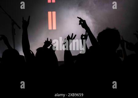 Ein lebhaftes Konzert mit Fans im Silhouettenstil, die Smartphones halten, Neonlichtern, die die Bühne beleuchten und die Spannung und Energie eines Live-Musik-Events festhalten. Stockfoto