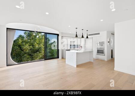 Ein geräumiges Wohnzimmer mit Küche und Holzfußboden. Kalifornien, USA Stockfoto