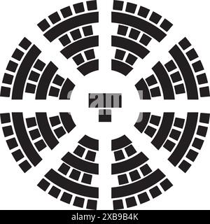 Sitzplätze im Auditorium bieten einen Blick von oben, runde oder Amphitheater-Anordnung. Schema der Sitze im Vorlesungssaal oder in der Sitzung, in der Konferenz oder im parlament. Schreibtische und Stock Vektor