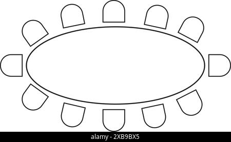 Ovaler Tisch und Stühle Ikonen isoliert auf weißem Hintergrund. Anordnung der Sitzplätze im Café oder Restaurant. Sitzplätze für Arbeitstische, Meetings oder geschäftliche Schulungen Stock Vektor