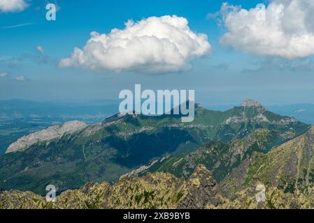 Blick auf die Belianske Tatry Berge mit Zdiarska vidla, Havran, Novy vrch und Muran Hügel in der Slowakei Stockfoto