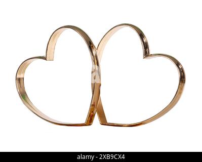 Zwei goldene Hochzeits-Herzen isoliert auf weißem Hintergrund Stockfoto