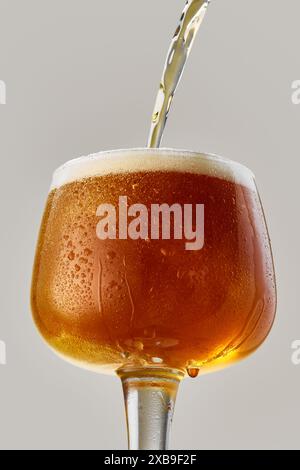 Nahaufnahme eines Bechers gefüllt mit reichhaltigem, bernsteinfarbenem Craft-Bier, das vor grauem Studiohintergrund in Glas gegossen wird. Stockfoto