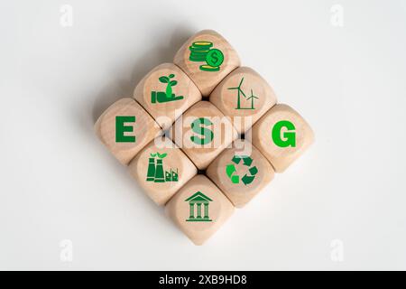 ESG-Konzepte zu Umwelt, Gesellschaft und Governance in nachhaltiger Organisation mit ESG-Akronym und Holzblock-Icon-Kopierraum Stockfoto