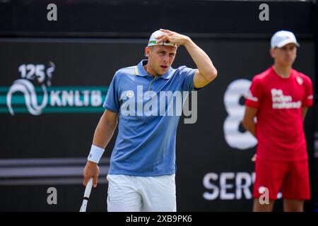 'S-HERTOGENBOSCH, NIEDERLANDE - 11. JUNI: Tallon Griekspoor aus den Niederlanden sieht in der ersten Runde seiner Männer im Einzel gegen Miomir Kecmanovic aus Serbien am 2. Tag der Libema Open Grass Court Championships beim Autotron am 11. Juni 2024 in 's-Hertogenbosch, Niederlande (Foto: Rene Nijhuis/BSR Agency) Stockfoto