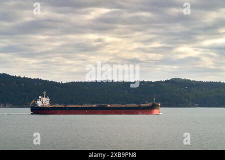Frachtfrachter auf den Gulf Islands BC. Ein internationaler Frachter, der die Gulf Islands zwischen Vancouver und Victoria durchquert. Stockfoto