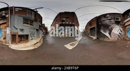 360 Grad Panorama Ansicht von 360°-Panorama der unterirdischen Street Art-Kultur der Back Alley Gallery in Eggins Lane CBD von Lismore Northern Rivers New South Wales Australien