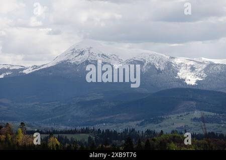 Dieses Bild zeigt eine majestätische schneebedeckte Bergkette in den Karpaten. Die Gipfel sind mit weißem Schnee bedeckt, während die Täler darunter c Stockfoto