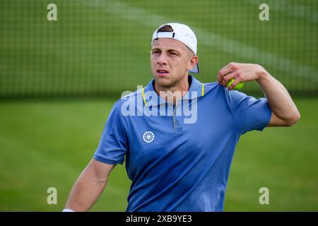 'S-HERTOGENBOSCH, NIEDERLANDE - 11. JUNI: Tallon Griekspoor aus den Niederlanden schaut in der ersten Runde seiner Männer im Einzel gegen Miomir Kecmanovic aus Serbien am 2. Tag der Libema Open Grass Court Championships beim Autotron am 11. Juni 2024 in 's-Hertogenbosch, Niederlande (Foto: Rene Nijhuis/BSR Agency) NOOR Stockfoto