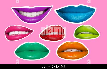 Collage aus hellen Damenlippen mit weißer Umrandung auf rosa Hintergrund. Zeitschriftenausschnitt, stilvolles Design Stockfoto