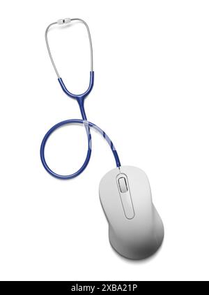 Stethoskop mit Computermaus isoliert auf weiß, Draufsicht. Online-Medizin Stockfoto