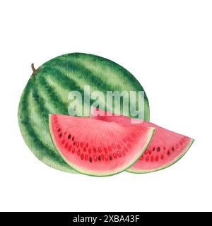 Wassermelone ganz und zwei Scheiben mit ein paar Samen. Aquarellkomposition isoliert auf weißem Hintergrund, handgezeichnet für Lebensmitteldesign. Pakete, Saft Stockfoto