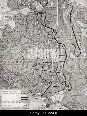 Karte mit den Etappen der deutschen Vorstöße an der Ostfront vom 17. August bis 6. Dezember 1941, als die Offensive zum Stillstand kam. Aus dem Krieg in Bildern 3. Jahr Stockfoto