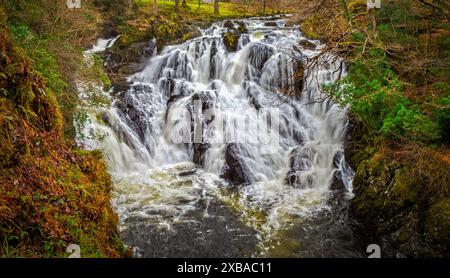 Rauschendes Wasser stürzt über Felsen an den Swallow Falls bei Betwys Y Coed in Nordwales. Stockfoto