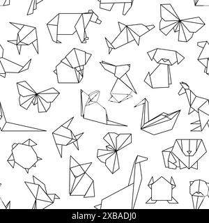 Nahtloses Origami-Tiermuster. Polygonale Hunde-, Schmetterlings- und Bärenelemente, monochromatische Linienelemente. Stoffmuster mit Tieren, anständiger Vektor Stock Vektor