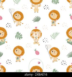 Lion seamless pattern. Decorative print for fabric or wrapping, childish textile design. Funny lions play music, jumping rope, nowaday vector Stock Vektor
