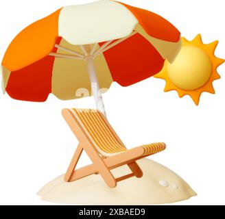 Strandurlaub 3D-Renderkonzept. Sonnenschirm auf Sand, Liegestuhl. Sonniger Tag zum Ausruhen und Schwimmen. Vektorelemente für Erholung im Ozean oder an der Küste Stock Vektor