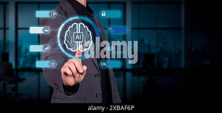 Digitale Transformation Geschäftsmann lehrt das Konzept der Digitalisierung von Geschäftsprozessen und moderner Technologie mittels künstlicher Intelligenz Stockfoto