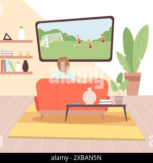 Sehen Sie fernsehen Männer verbringen entspannte Zeit auf dem roten Sofa, sitzen und schauen Fußball Stock Vektor