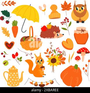 Hallo Herbstelemente. Herbstfutter und Waldpflanzen, Cartoon Eulen Igel und Eichhörnchen. Teekanne Pilzstrauß und Regenschirm, Natur klassischer Vektor Stock Vektor