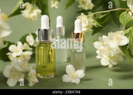 Ätherische Öle in Flaschen und schöne Jasminblüten auf blassgrünem Hintergrund, Nahaufnahme Stockfoto