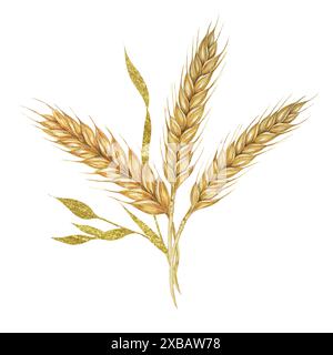 Weizenohrenstrauß. Gerstenstiele im Aquarelldesign mit goldenen Elementen. Rustikales Clipart für Scheune Hochzeitseinladungen, Save the date, Thanksgiving, Shavuot, Bäckerei Design, Etiketten und Geschenkanhänger Stockfoto