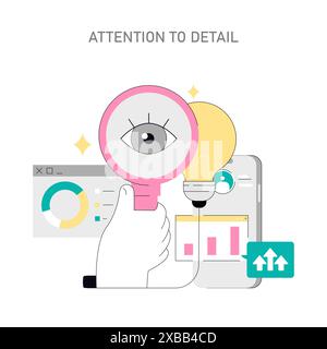 Soft-Skills-Konzept. Abbildung: Sorgfältige Analyse auf Qualität und Präzision. Datenprüfung mit einem Lupensymbol. Vektorabbildung. Stock Vektor