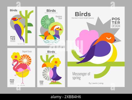 Vogelset von Vektorplakaten mit Vögeln. Einfaches, minimalistisches Design mit Spechte, Flamingo, Schwalbe, Tukan und Mandarinenente. Stock Vektor