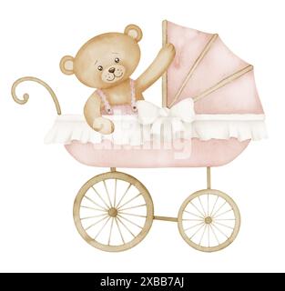 Wasserfarben-Kinderwagen mit Teddybär im Vintage-Stil. Kinderwagen im Retro-Stil in niedlichen Pastellfarben in Rosa und Beige. Kinderwagen. Illustration eines Perambulators mit Spielzeug für Neugeborene-Party. Stockfoto