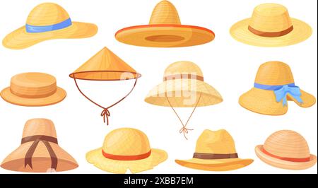 Cartoon-Strohhüte. Asiatischer Reisbauer oder Gartenarbeiter Hut, Sommer Strand Accessoires Frau Retro Kopfbedeckung traditionelle Landlandwirtschaft Kopf Sonnenkappe, Set ordentliche Vektor Illustration Stock Vektor