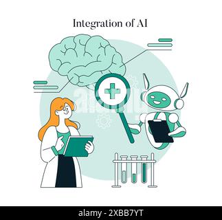 Technisches Gesundheitskonzept. Fortschrittliche Gesundheitsversorgung mit KI-Integration, mit einem medizinischen Roboter und einem medizinischen Fachpersonal. Vektorabbildung. Stock Vektor