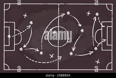Fußball-Strategieplan. Fußball-Management-Spiel taktische Tafel, strategischer Plan Angriff Spiel Sporttheorie Feld Pitch Pfeil Kreide Zeichnung auf Tafel klassische Vektor-Illustration des Tormanagers Stock Vektor
