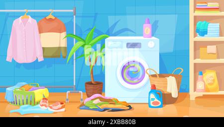 Cartoon Wäscherei. Waschmaschine im Keller Wohnraum, Waschmöbel Waschmittel Ausrüstung gewaschene Laken trockene Wäsche Kleiderregale Möbel, saubere Vektor-Illustration der Wäsche innen Stock Vektor