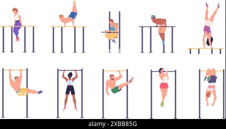 Horizontaler Balken Kinn nach oben. Leute Klimmzug-up Pull-ups Übung an Bars Outdoor Gym Street Workout Fitness Training körperliche Übungen Sport Athlet Aktivität, klassische Vektor Illustration von Workout Übung Stock Vektor